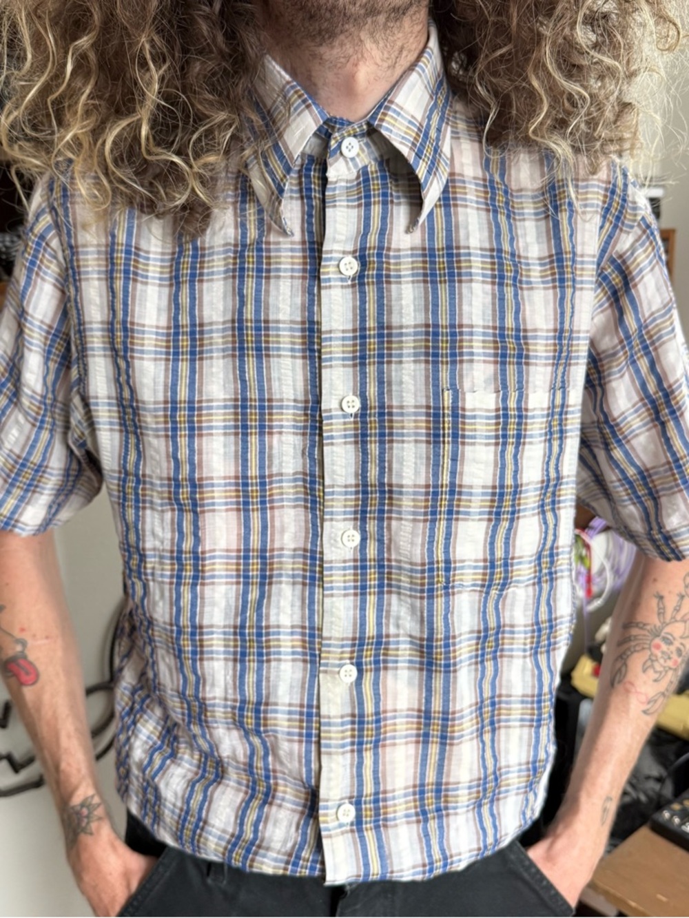 Vintage 70s Plaid Seersucker Jeans Joint Sears S/S Button Down Shirt ~ Size L